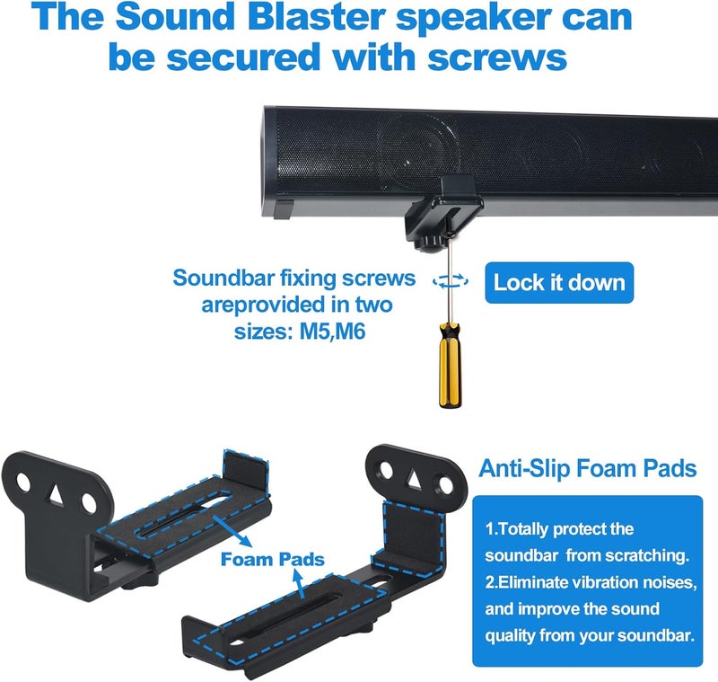 Howonder Soundbar Wall Mount,All Metal Sound Bar Mounts Under TV for Sonos,Samsung, Bose, Vizio, LG, Sony, JBL and More,Depth Adjustable 3.7”-6.3”, Hold up to 30 lbs,HD-118,2 Packs,Black - Image 4